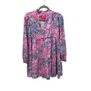 Lilly Pulitzer Pink & Blue Paisley Long-Sleeve Dress XXS Womens Tiered Boho Styl